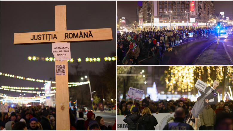 Mai multe persoane participă la Marșul „Împreună pentru Justiție!”, din Piața Universității spre Piața Victoriei, în București, 14 decembrie 2025.