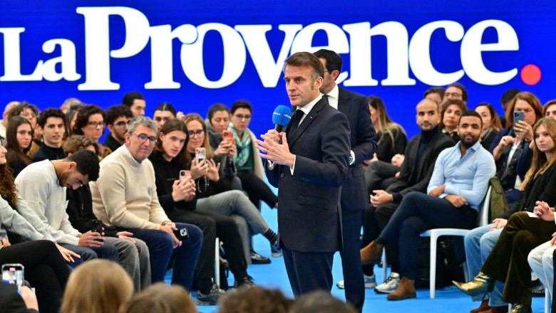 The President Emmanuel Macron French President E.Macron during "Discussions on democratic challenges in the face of social networks and algorithms" with readers of the newspaper "La Provence" in Marseille, December 16, 2025. The head of state also gave an
