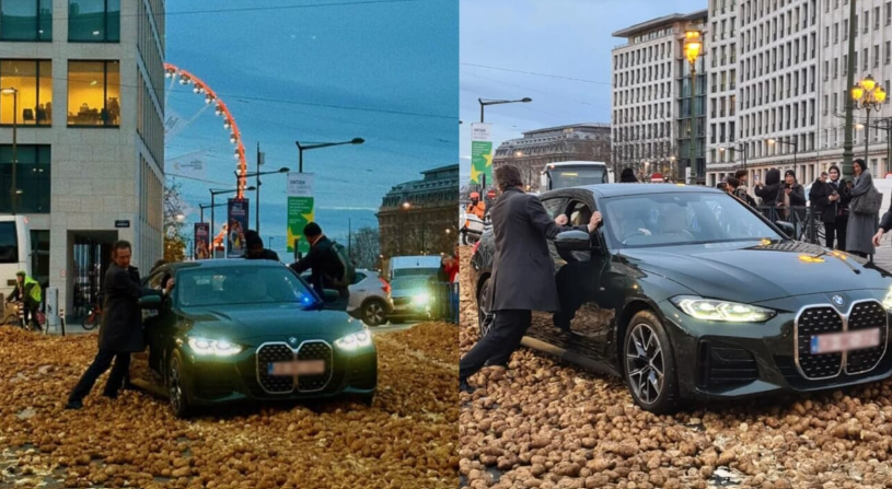 Câțiva locuitori din Bruxelles au venit să culeagă cartofii de pe marginea drumului, după ce protestatarii îi aruncaseră din tractoare