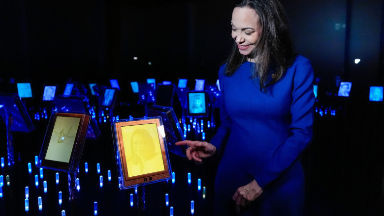 Oslo, Norway 20251211. Nobel Peace Prize laureate Maria Corina Machado during the opening of the official Peace Prize exhibition at the Nobel Peace Center on Thursday. Venezuelan opposition leader Maria Corina Machado received the prize for her work to s