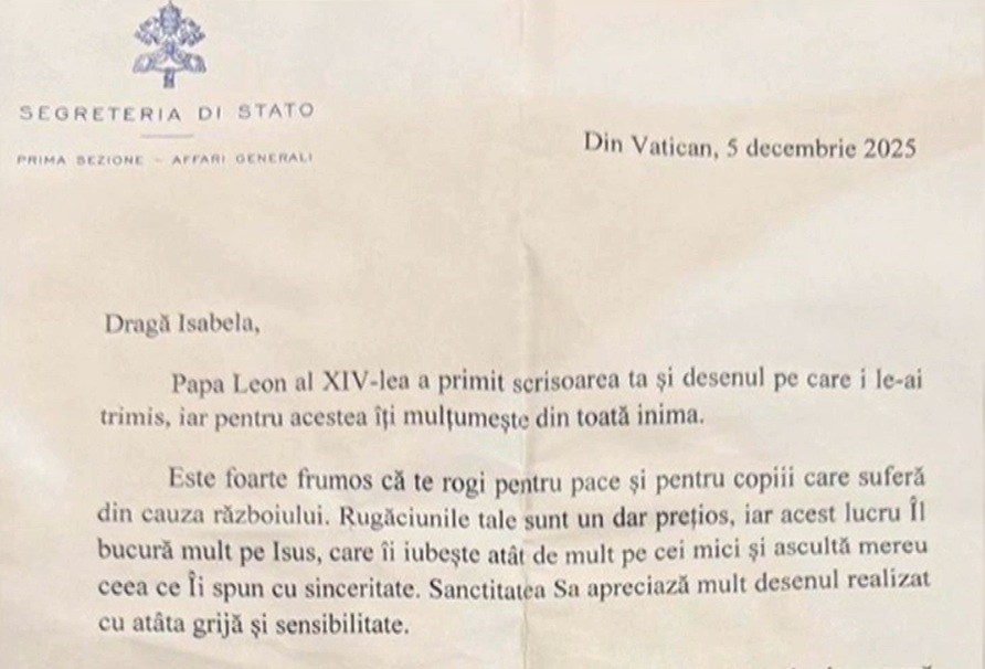 Cadou de Crăciun de la Vatican. Răspunsul primit de o fetiță din România la scrisoarea trimisă papei Leon
