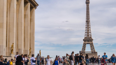 Paris, France - 23 June 2018: Eiffel Tower from Trocadero with many tourists in the foreground