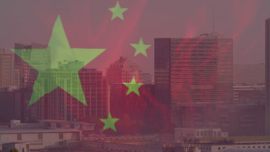 Image of flag of china over cityscape