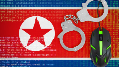 North Korea flag and handcuffed computer mouse. Combating computer crime, hackers and piracy