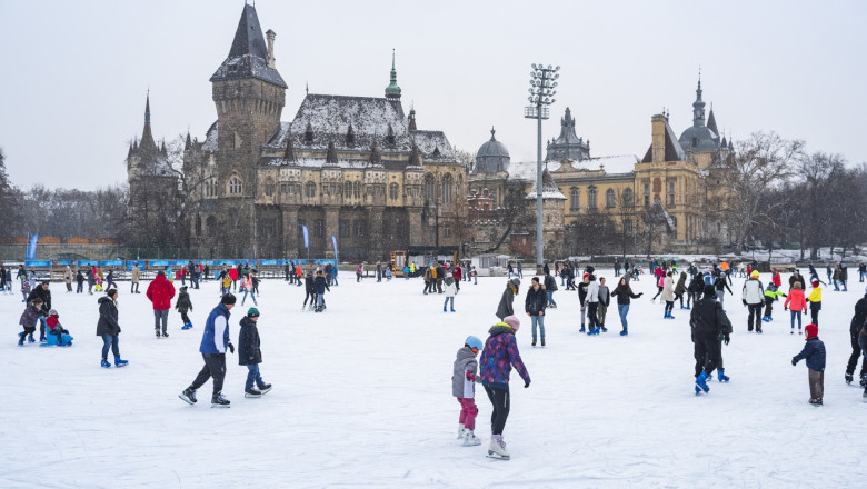 Budapest Outdoor Ice Rink in Varosliget with Vajdahunyad Castle in the background, Budapest, Hungary