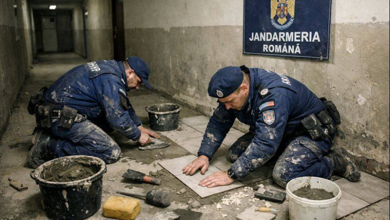 Jandarmeria: imaginile cu jandarmi care pun gresie sunt făcute cu AI. Sindicatul care a postat fotografia anunțase că e „reconstituire”