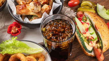 American food. Fast food on wooden table