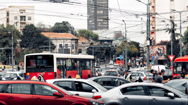 Belgrade, Serbia - September 20, 2019: Cars and buses are stuck in traffic at a busy intersection in Belgrade, Serbia, during rush hour