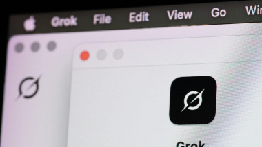 New York, USA - June 11, 2025: Grok AI assistant icon on computer screen close up macro view