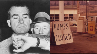 Richard Nixon se uită la ceas / pompe închise la o benzinărie din SUA în timpul crizei petrolului din 1973