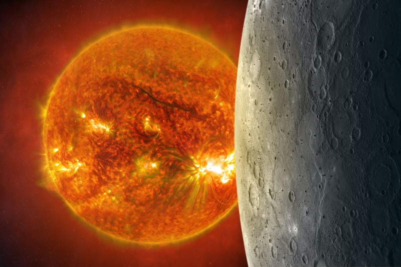 Mercury - solar system planet. View of the planet Mercury and Sun from space. Terrestrial planets. Elements of this image furnished by NASA.