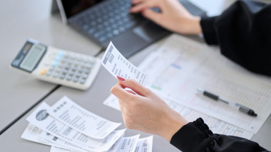 Asian woman entering expenses in accounting software