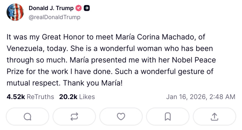 Maria Corina Machado îi oferă lui Trump Nobelul pentru Pace