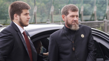 Ramzan Kadyrov (R), head of the Chechen Republic, and his son Adam are seen during an official visit