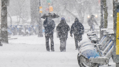 3 oameni se plimba in parc prin ninsoare puternica
