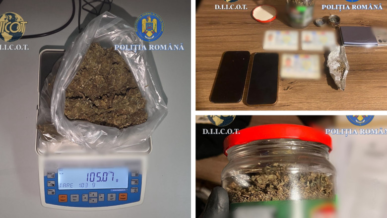 canabis pe cantar, telefoane, acte identitate, colaj foto de la procurori