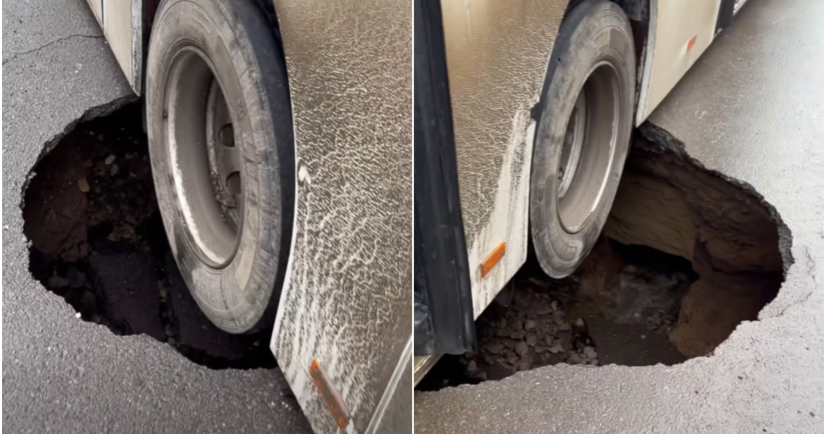 Groapă uriașă în asfalt, pe o stradă din Brăila