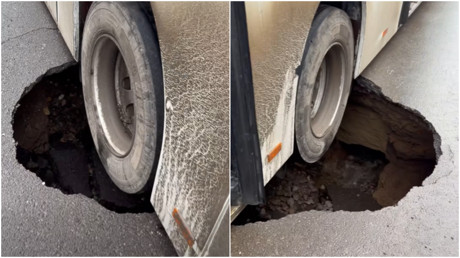 Groapă uriașă în asfalt, pe o stradă din Brăila. Un autobuz plin cu călători a rămas blocat. „Fără macara nu-l scoate”