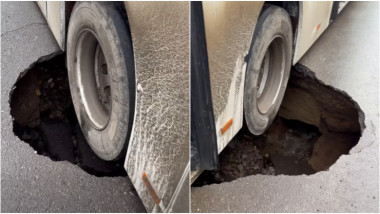 Groapă uriașă în asfalt, pe o stradă din Brăila. Un autobuz plin cu călători a rămas blocat
