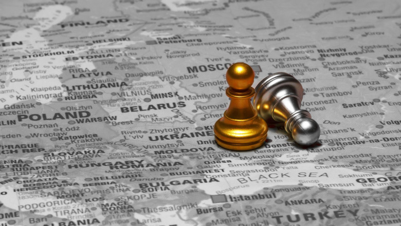 Ukraine and Russia Conflict. Pawns on the map.