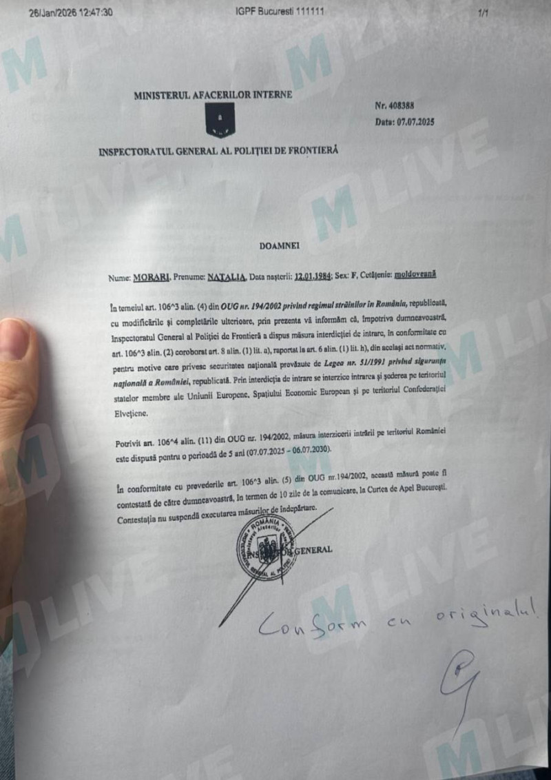 Documentul prezentat de Natalia Morari