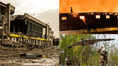 aeroportul din Herson distrus / clădire incendiată / un soldat rus lansează o dronă