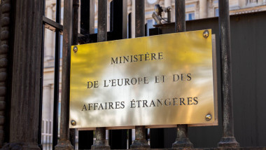 Close-up of the brass plate at the entrance to the French government's Ministry for Europe and Foreign Affairs, located Quai d'Orsay in Paris, France