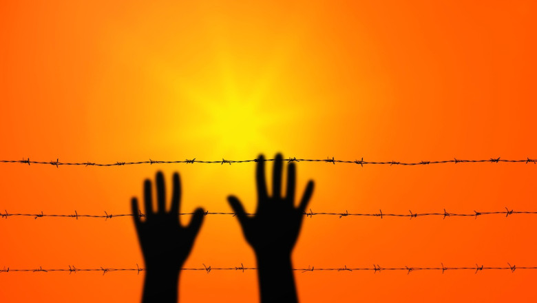 Hands raised to the sky over barbed wire. Yellow sun in red sky.