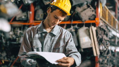 Technician male worker working in garage scrap yard old car part workshop warehouse