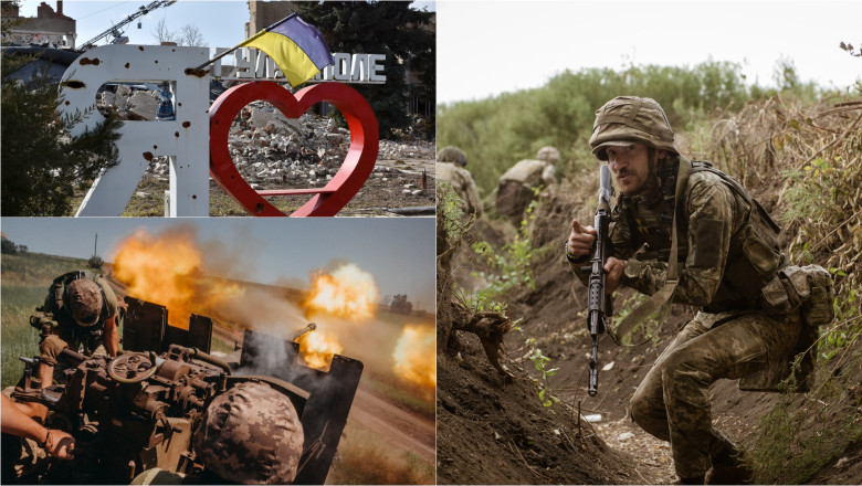 soldați ucraineni și semnul orașului Huliaipole din Zaporojie