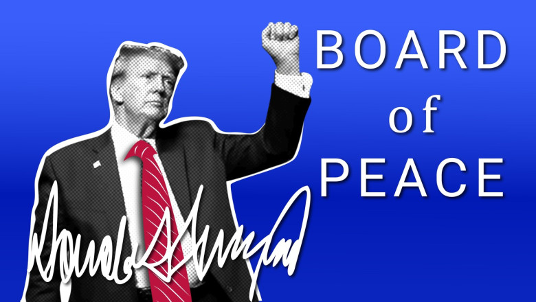 Donald Trump against the backdrop of the American flag and text Board of Peace.