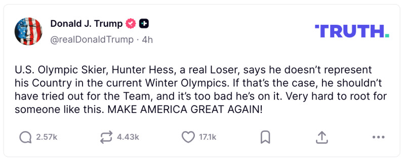 Trump, derapaj halucinant la adresa unui sportiv din delegația SUA la Jocurile Olimpice: „Este un adevărat ratat” 2 trump truth