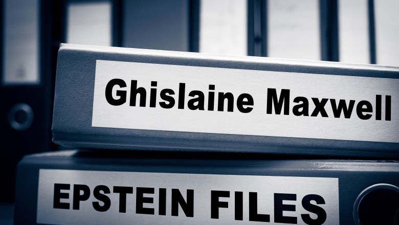 Germany - February 6, 2026: PHOTOMONTAGE, Labeled file folders with the inscription: Epstein Files and Ghislaine Maxwell