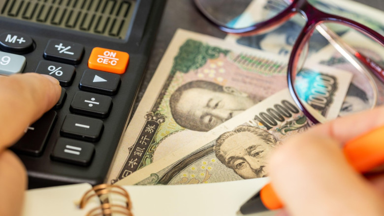 Japan's money. Financial settlements in Japan, financial analysis, tax calculation, risk costs, business project. Japanese yen. close up