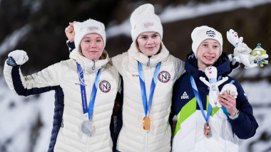 Val di Fiemme, Italy 20260215. Anna Odine Stroem with the gold medal on the podium after jumping the women's large hill in the Predazzo Ski Jumping Stadium during the Winter Olympics in Milano Cortina 2026. Photo: Terje Pedersen / NTB This text is auto