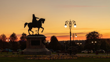 A picture of the Equestrian Statue of Stefan cel Mare at sunset.