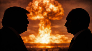 Silhouettes of Trump and Putin facing each other against a dramatic nuclear explosion background, symbolizing global tension, conflict, and the threat