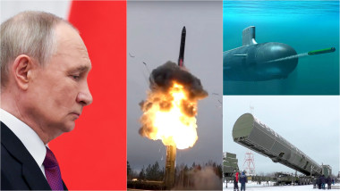 Vladimir Putin / lansare rachetă Avangard / ilustrație torpilă Poseidon / rachetă Sarmat