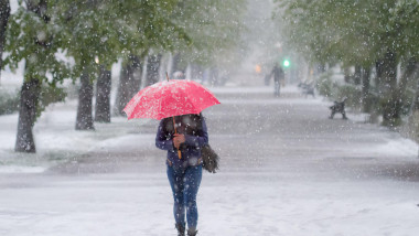 O femeie merge prin ninsoare, sub o umbrelă roșie, într-un parc din București