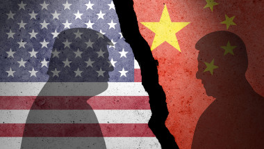 USA and China flags painted on the concrete wall with Donald Trump and Xi Jinping shadows. Kaunas, Lithuania 2025 04 10