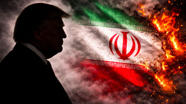 A dramatic silhouette profile of Donald Trump facing a burning Iranian flag with rising smoke and flames