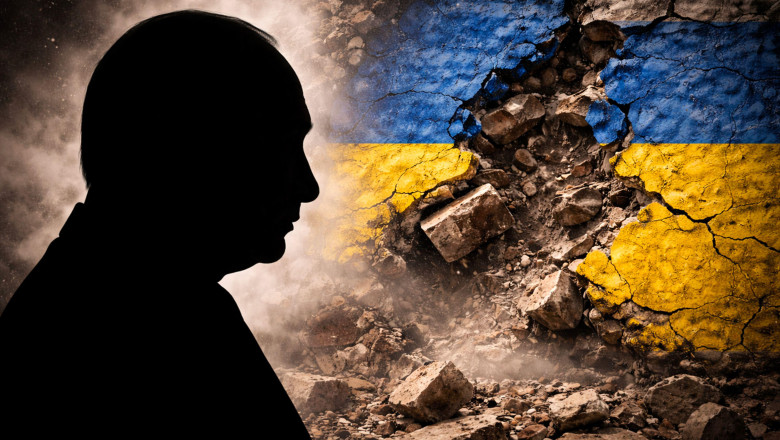 Silhouette of the Russian president Vladimir Putin in profile against a cracked Ukrainian flag and rubble, symbolizing political tension, conflict