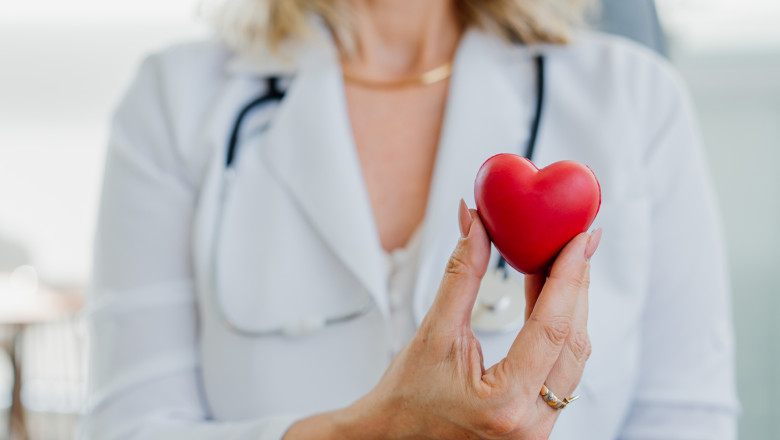 Portrait of female doctor holding cardiologist heart