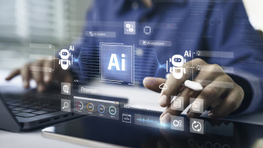 AI Artificial Intelligence technology for data analysis, research, planning, and work generate. Man uses a laptop and AI assistant dashboard. Technology smart robot AI agents and agentic workflows.