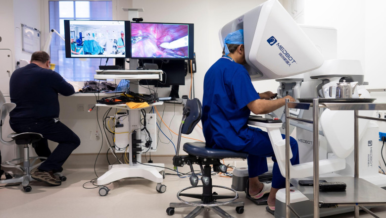 World-leading robotic urological surgeon, Professor Prokar Dasgupta, who leads The London Clinic's Robotic Centre of Excellence, performing a remote telesurgery operation using the Toumai Robotic System, carried out from The London Clinic. Picture date: W