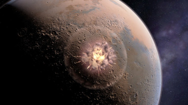ilustrație cu impactul unui asteroid cu planeta Marte