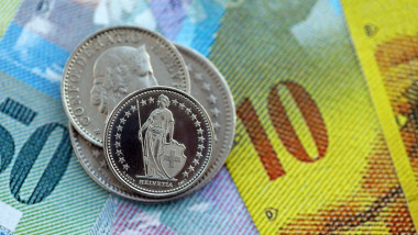 Currency of Switzerland. Banknotes and Swiss franc coins on them. Financial topics in Swiss banking concept.