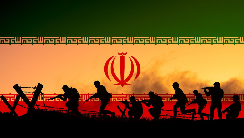 Conceptual image of war between Israel and Iran, using flag, sunset and silhouette