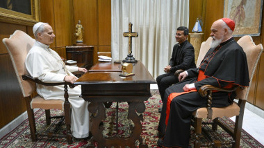Pope Leo XIV meets cardinal Dominique Joseph Mathieu, Archbishop of Tehran-Isfahan, at the Vatican on March 11, 2026