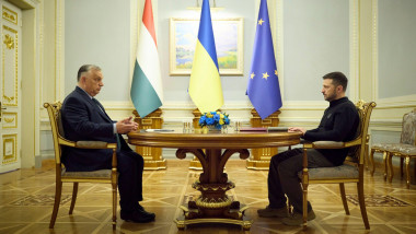 Kyiv, Ukraine. 02 July, 2024. Ukrainian President Volodymyr Zelenskyy, right, listens to Hungarian Prime Minister Viktor Orban, left, during a one-on-one bilateral meeting at the Mariinsky Palace, July 2, 2024 in Kyiv, Ukraine. Orban is currently serving